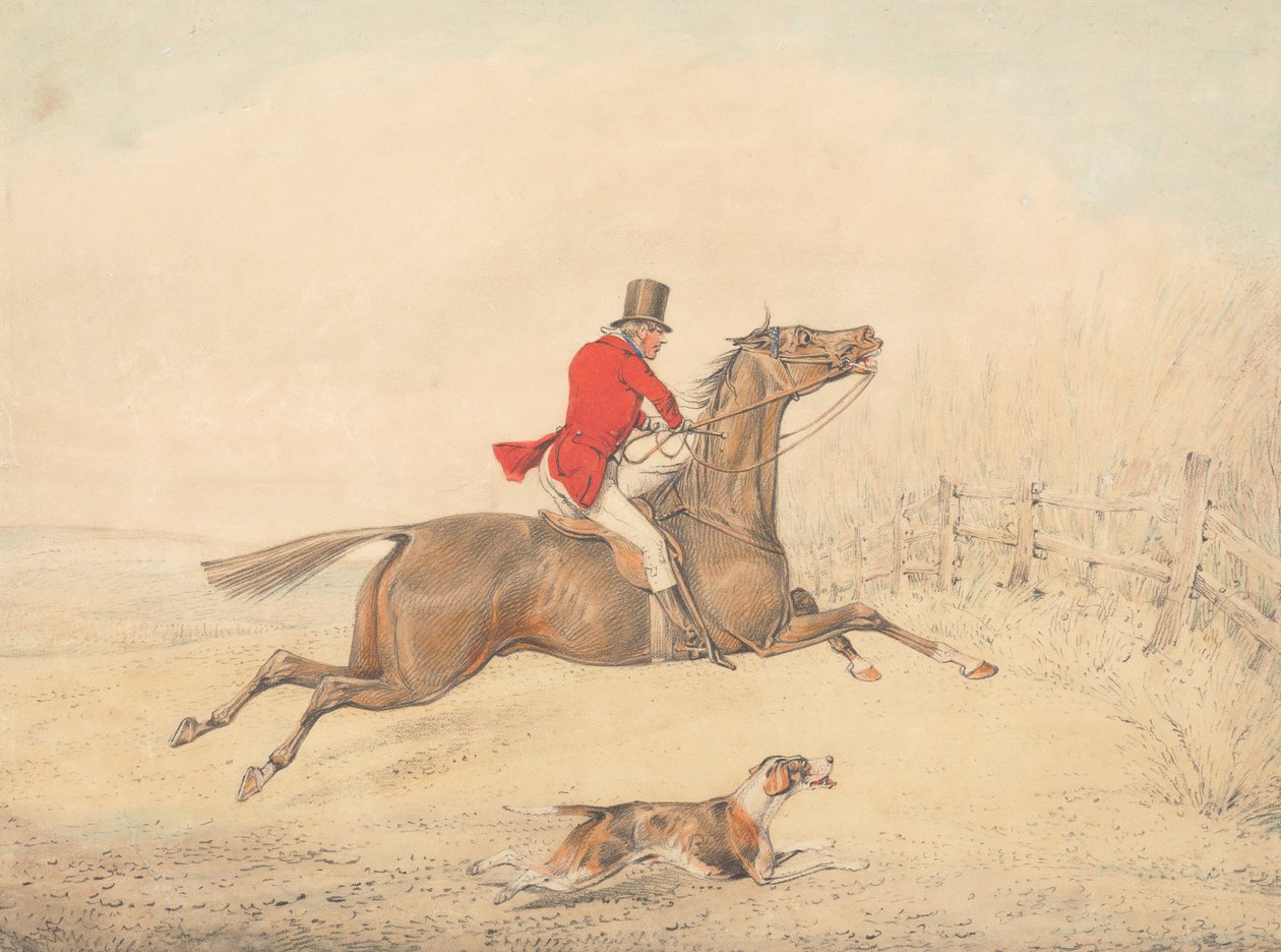 Reiter auf einem braunen Pferd, das im Begriff ist, einen Zaun zu überspringen von Henry Thomas Alken
