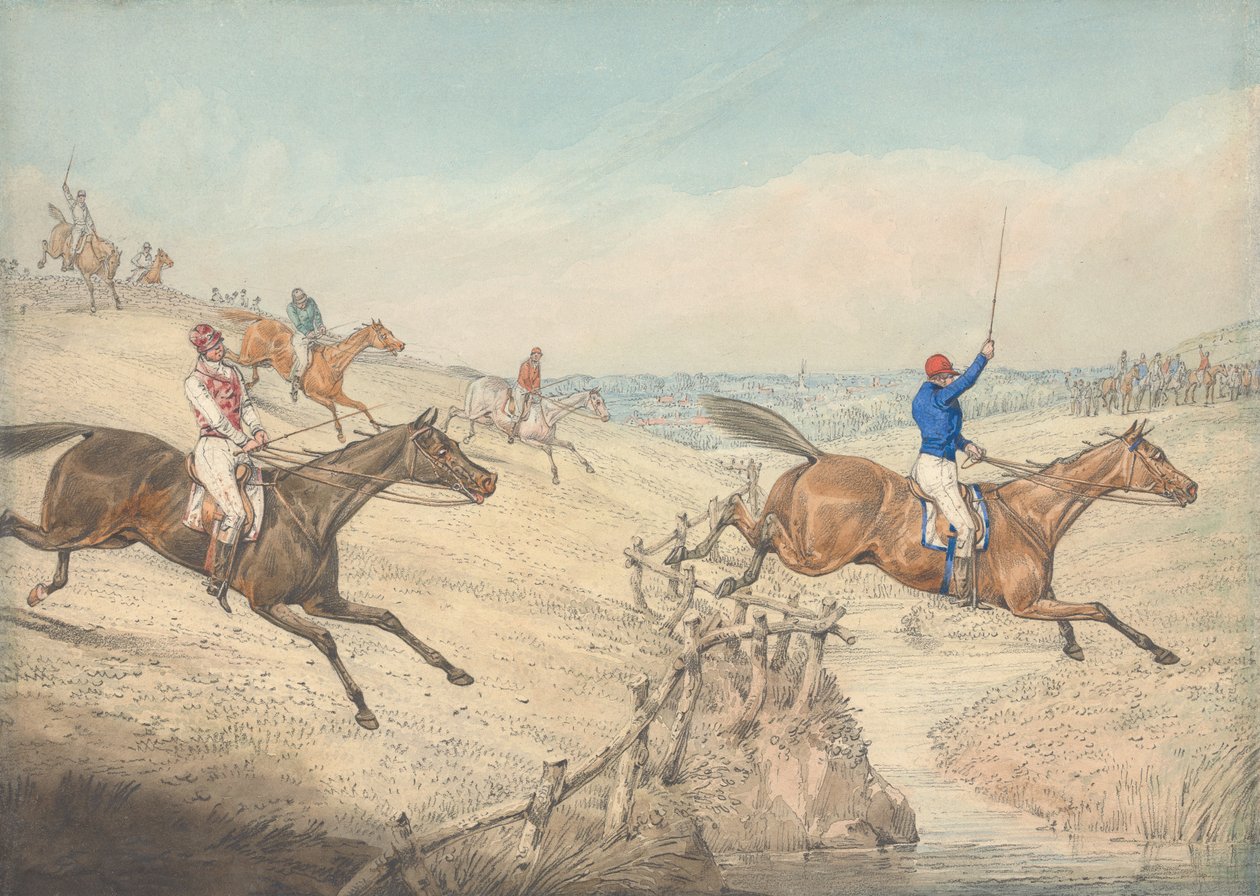 Hindernisrennen: Das Feld überwindet eine niedrige Barriere und einen Bach von Henry Thomas Alken