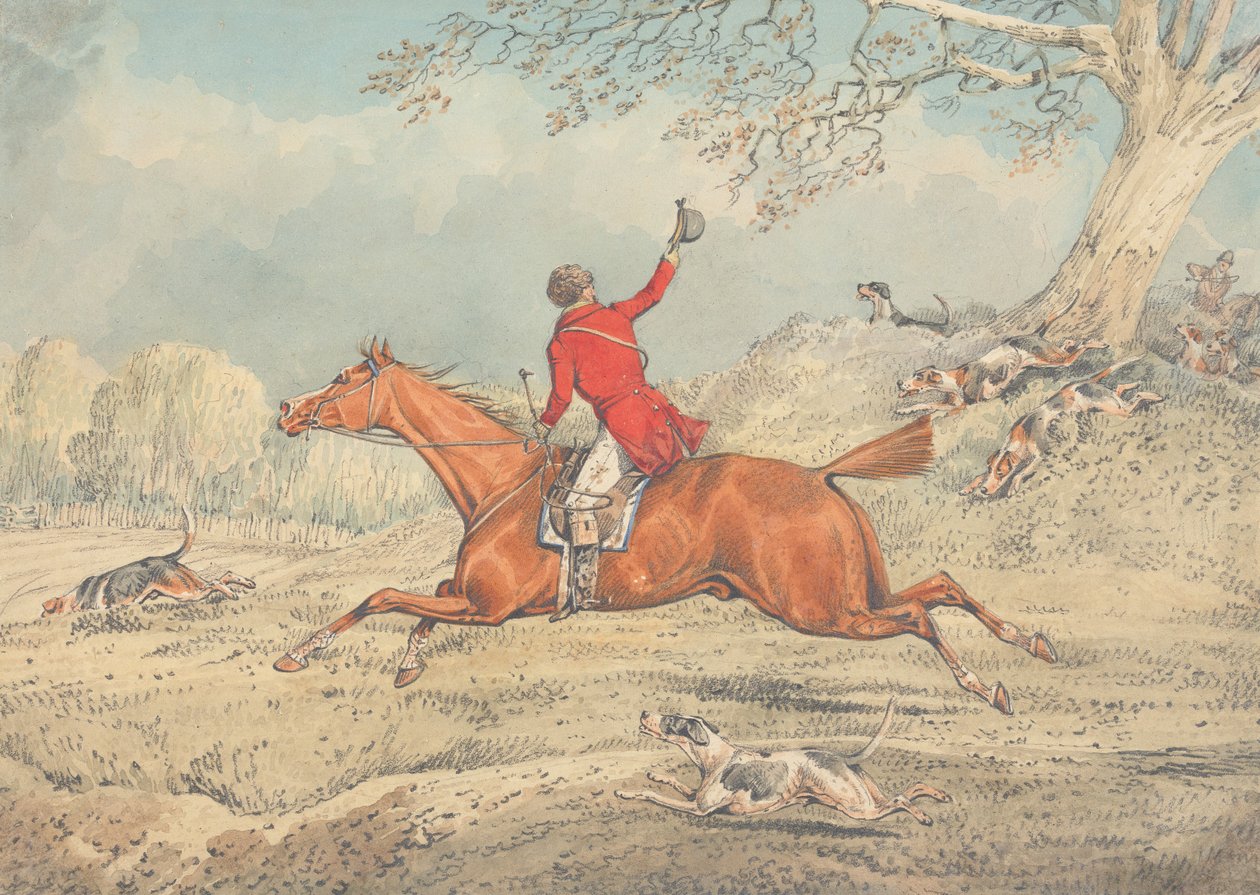 Der Jäger, nach links galoppierend und Hunde anfeuernd von Henry Thomas Alken