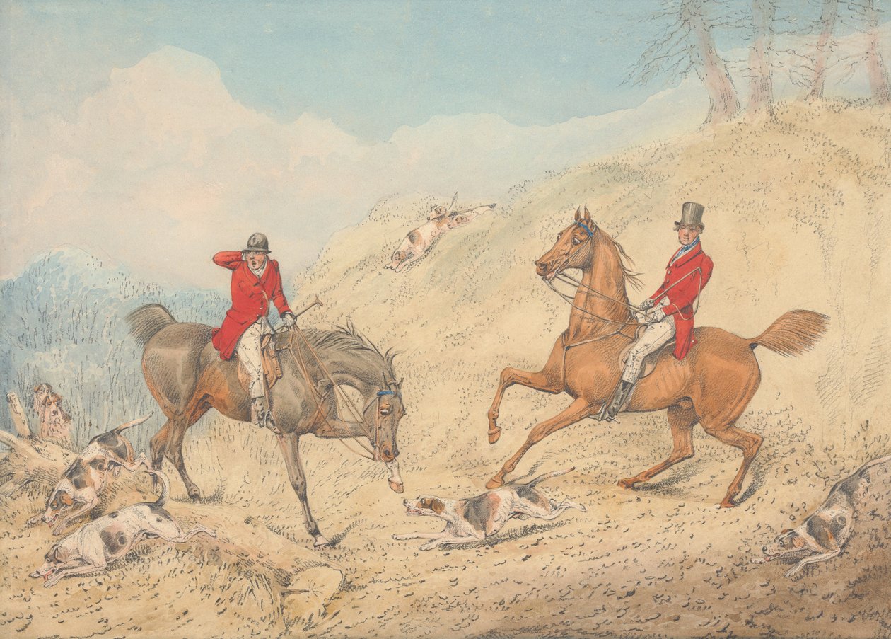 Der Jäger und ein Reiter ermutigen die Hunde von Henry Thomas Alken