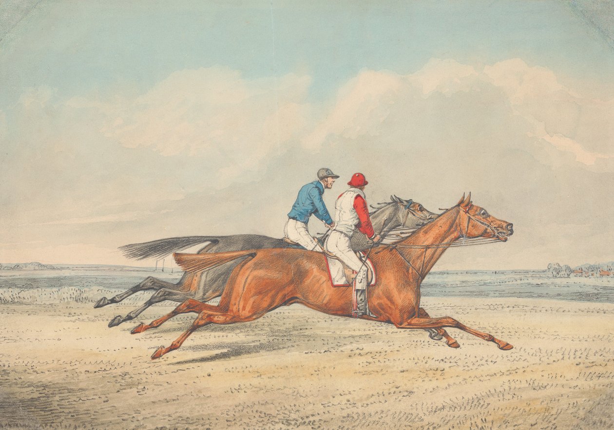Zwei Jockeys galoppieren Kopf an Kopf nach rechts von Henry Thomas Alken
