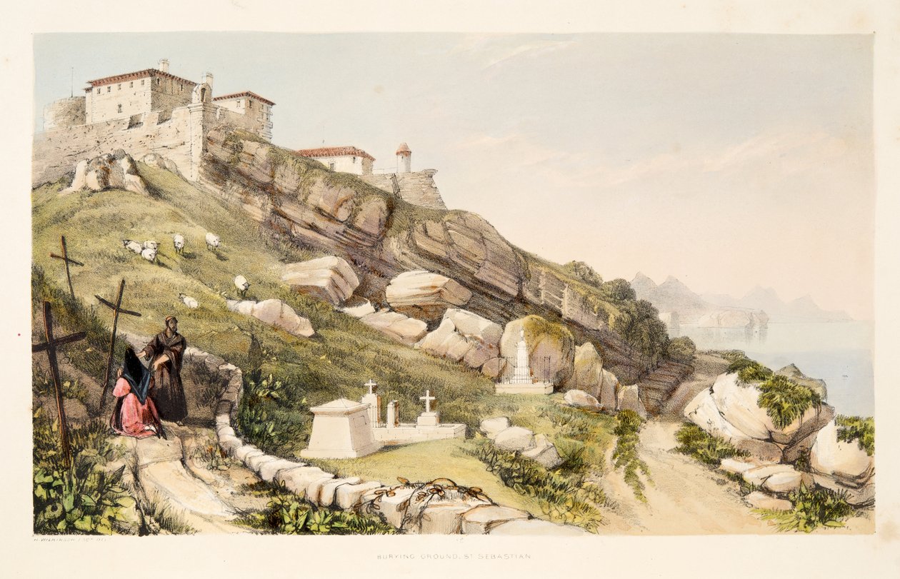 Grabstätte britischer Offiziere auf dem Schlossberg von San Sebastian, aus Skizzen der Landschaft in den baskischen Provinzen Spaniens, mit einer Auswahl nationaler Musik, veröffentlicht 1838 von Henry Wilkinson
