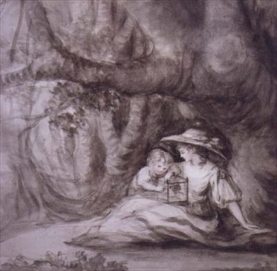 Sitzende Frau und Kind mit einem Käfigvogel von Henry William Bunbury
