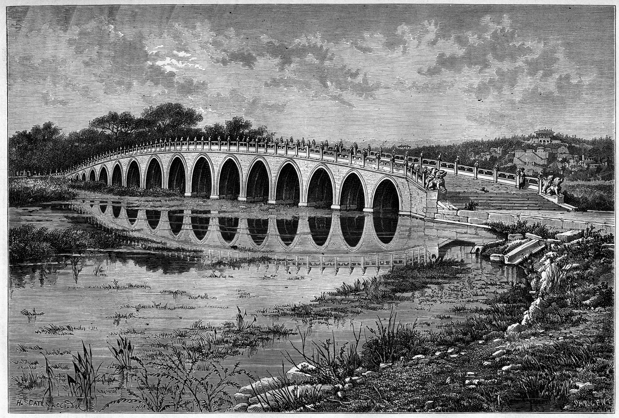 Brücke mit 17 Bögen am Kunming-See beim Sommerpalast nahe Peking im 19. Jahrhundert. Gravur nach einer Zeichnung von Catenacci, nach einem Foto von Thomson, in „Le Tour du Monde, Nouveau journal des Voyages“, herausgegeben von Edouard Charton, Paris von Hercule (after) Catenacci
