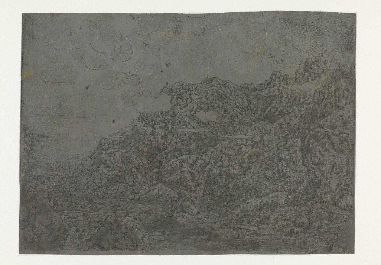 Felsige Landschaft mit niedrigen Wolken von Hercules Segers