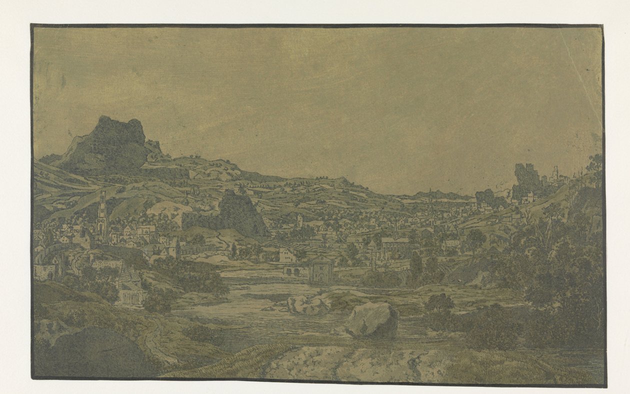 Tal mit einem Fluss und einer Stadt mit vier Türmen von Hercules Segers