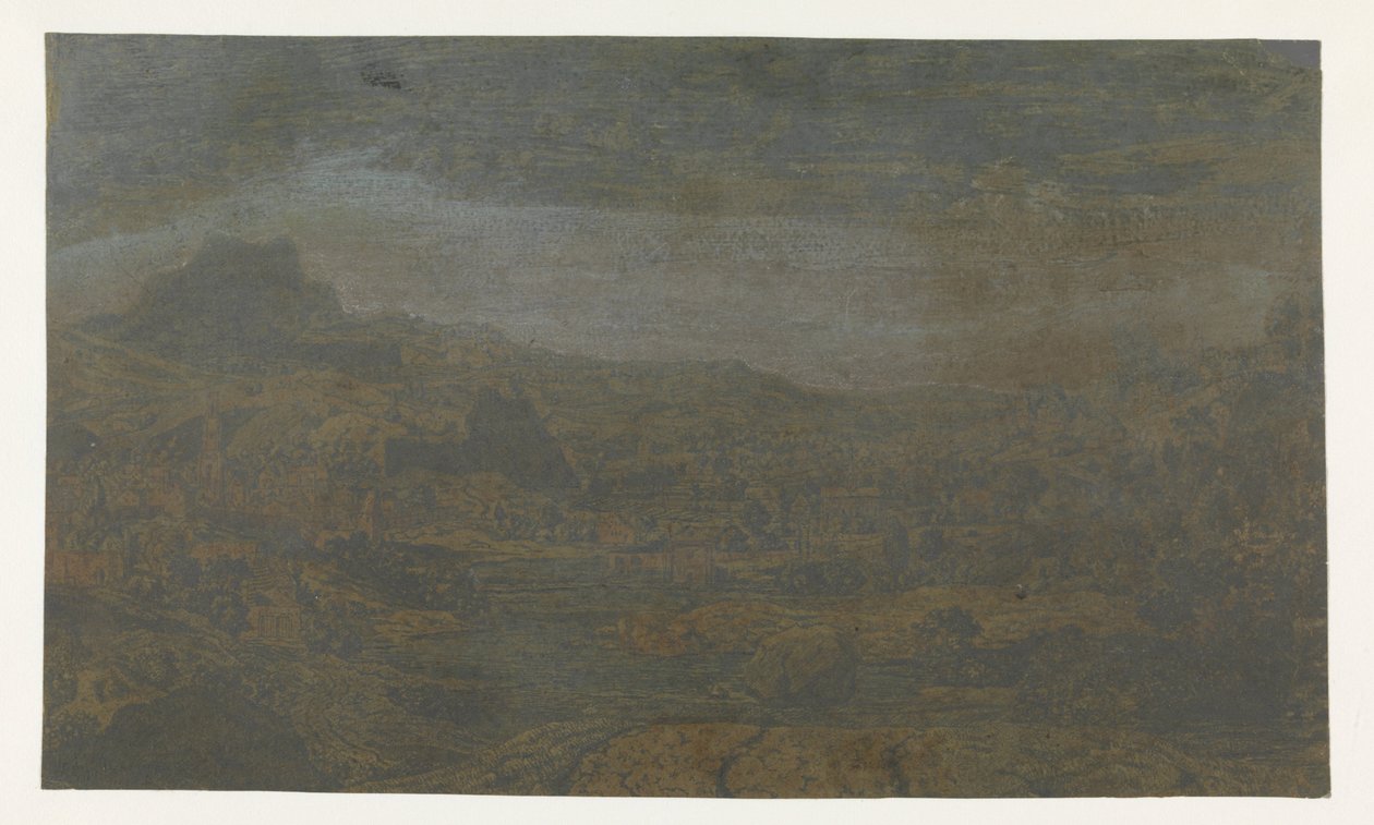 Tal mit einem Fluss und einer Stadt mit vier Türmen von Hercules Segers