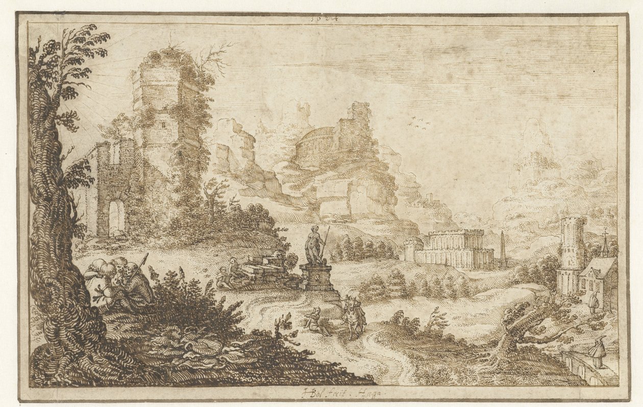 Landschaft mit Ruinen und einer Statue von Herman Breckerveld