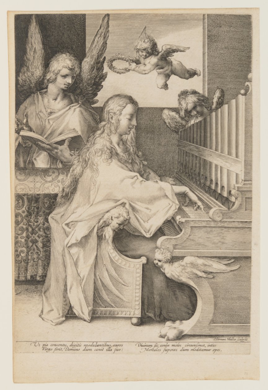 Die heilige Cäcilia spielt die Orgel mit zwei Engeln von Herman Jansz. Muller