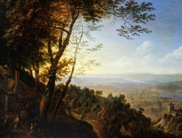 Waldlandschaft mit Bauern bei einer Hütte von Herman the Younger Saftleven