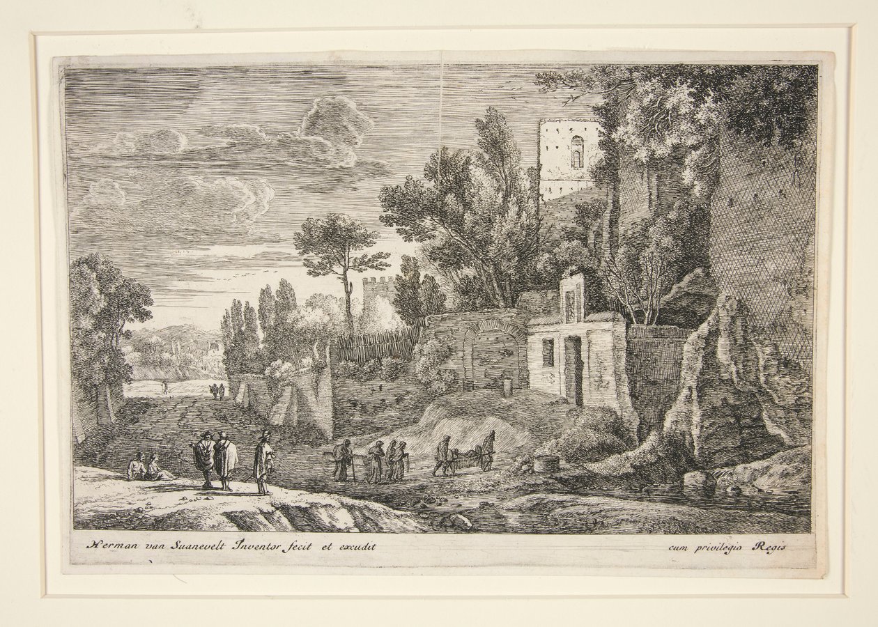 Landschaft mit einem Krankenhaus, aus der Serie Zwölf Landschaften von Herman van Swanevelt