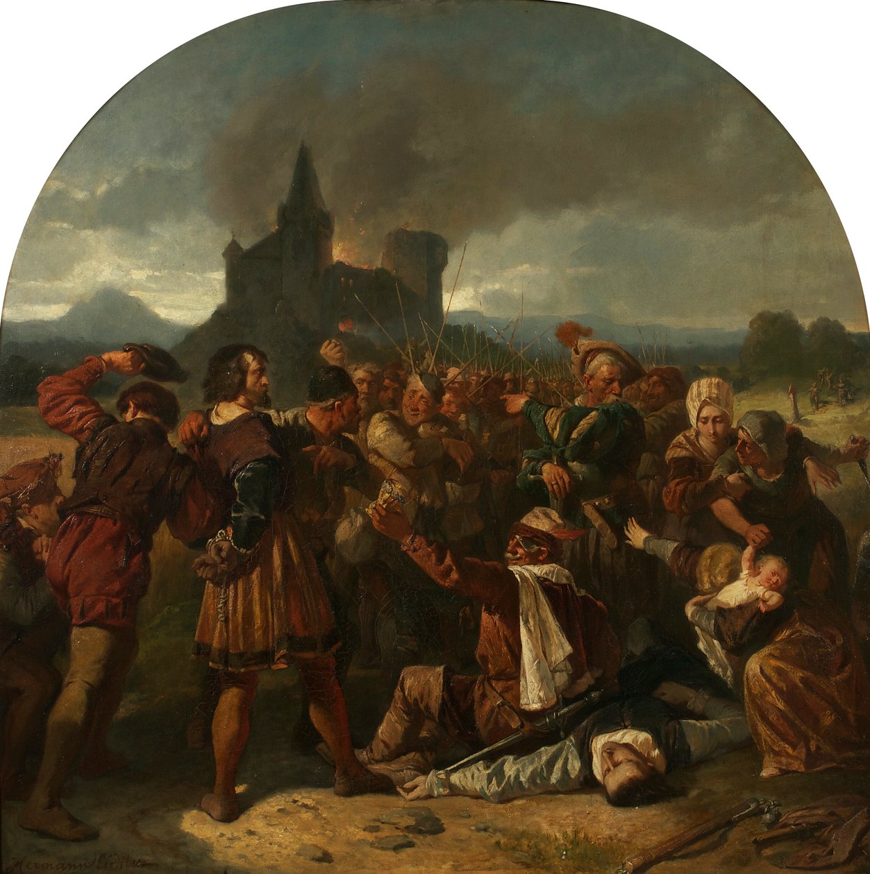 Episode aus dem deutschen Bauernkrieg (Graf Helfenstein am Fuße seiner brennenden Burg, von Bauern verhöhnt) von Hermann Eichler