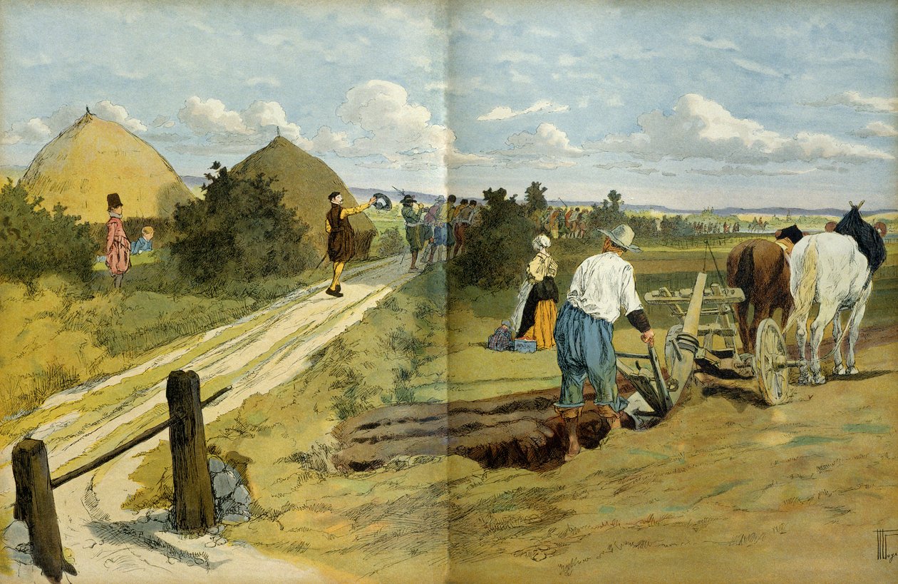 Bauern sahen den Durchzug von Plünderern und Marodeuren, die von der königlichen Armee Heinrichs IV. gefangen genommen wurden. Illustration von Hermann Vogel