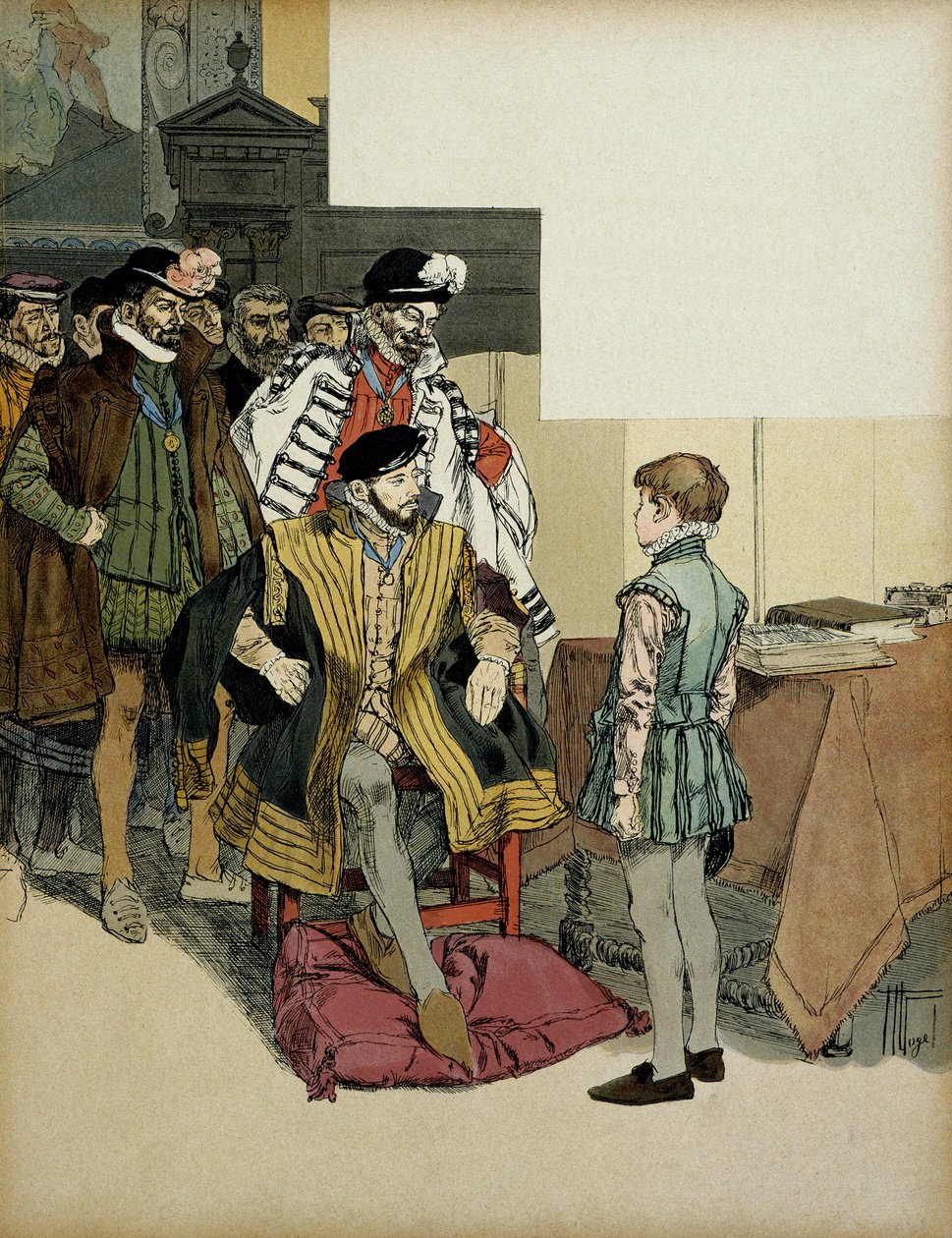 Der König von Frankreich Henri II. umgeben von seinen Herren befragt gerne den jungen Heinrich IV. Illustration von Hermann Vogel in 
