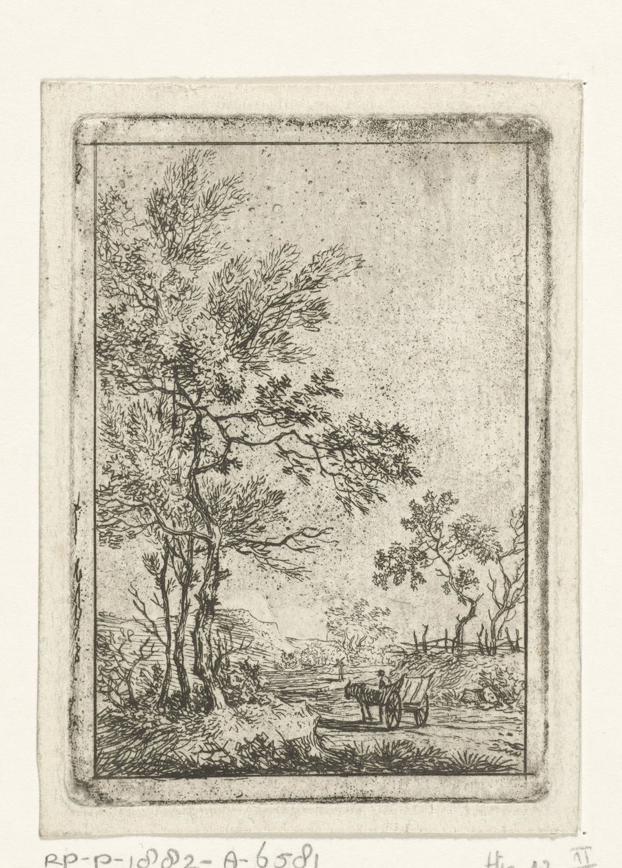 Landschaft mit hohen Bäumen und Pferd und Wagen von Hermanus Fock