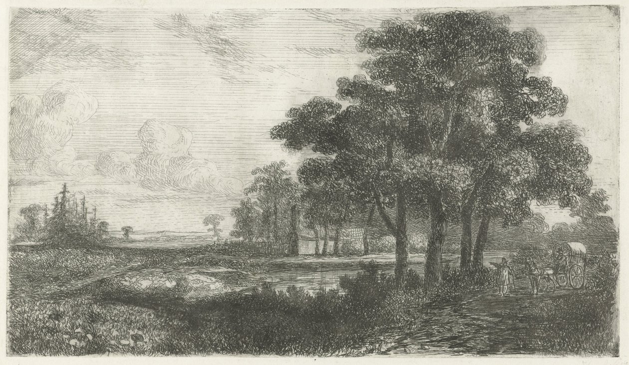 Baumreiche Landschaft mit Planwagen von Hermanus Jan Hendrik van Rijkelijkhuysen