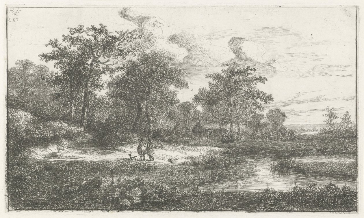Zwei Jäger an einem Teich von Hermanus Jan Hendrik van Rijkelijkhuysen