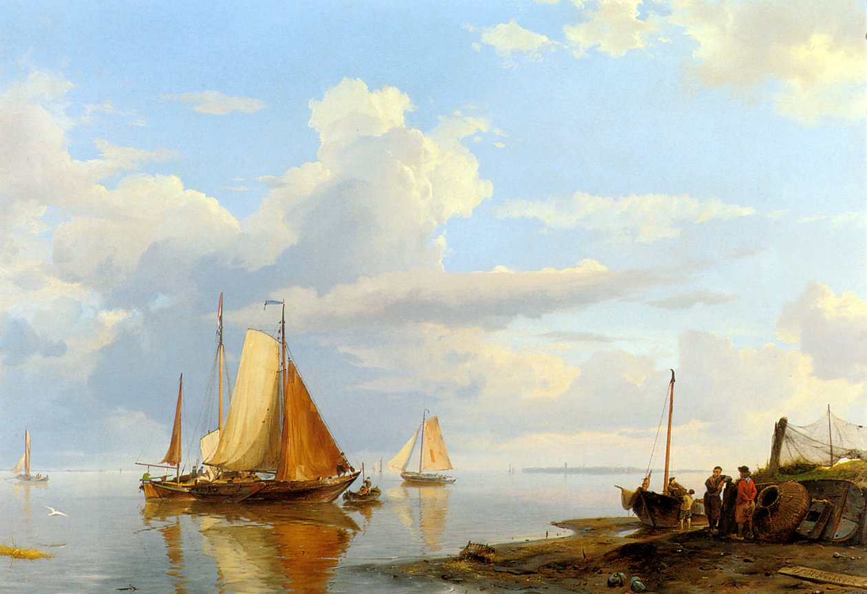 Figuren kommen an Land in ruhigem Wasser / Schifffahrt in ruhigem Wasser von Hermanus Koekkoek