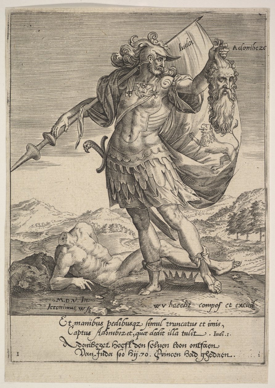 Judah mit dem Kopf von Adonibezek, aus Willem van Haecht, Tyrannorum proemia, 1578 von Hieronymous Wierix