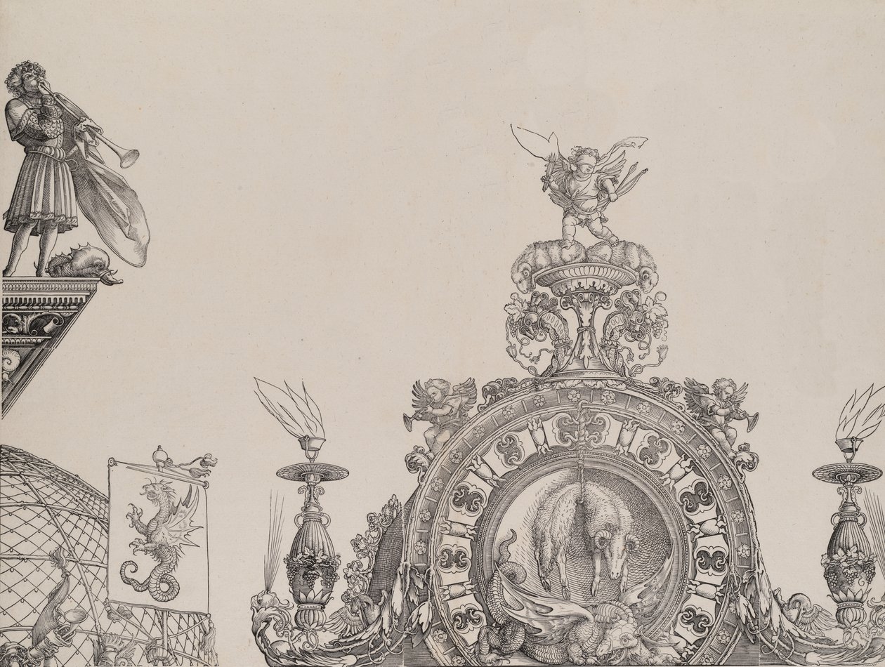 Der Gipfel des rechten Portals und ein Trompeter und Standarte vom zentralen Portal, ca. 1515 von Hieronymus Andreae