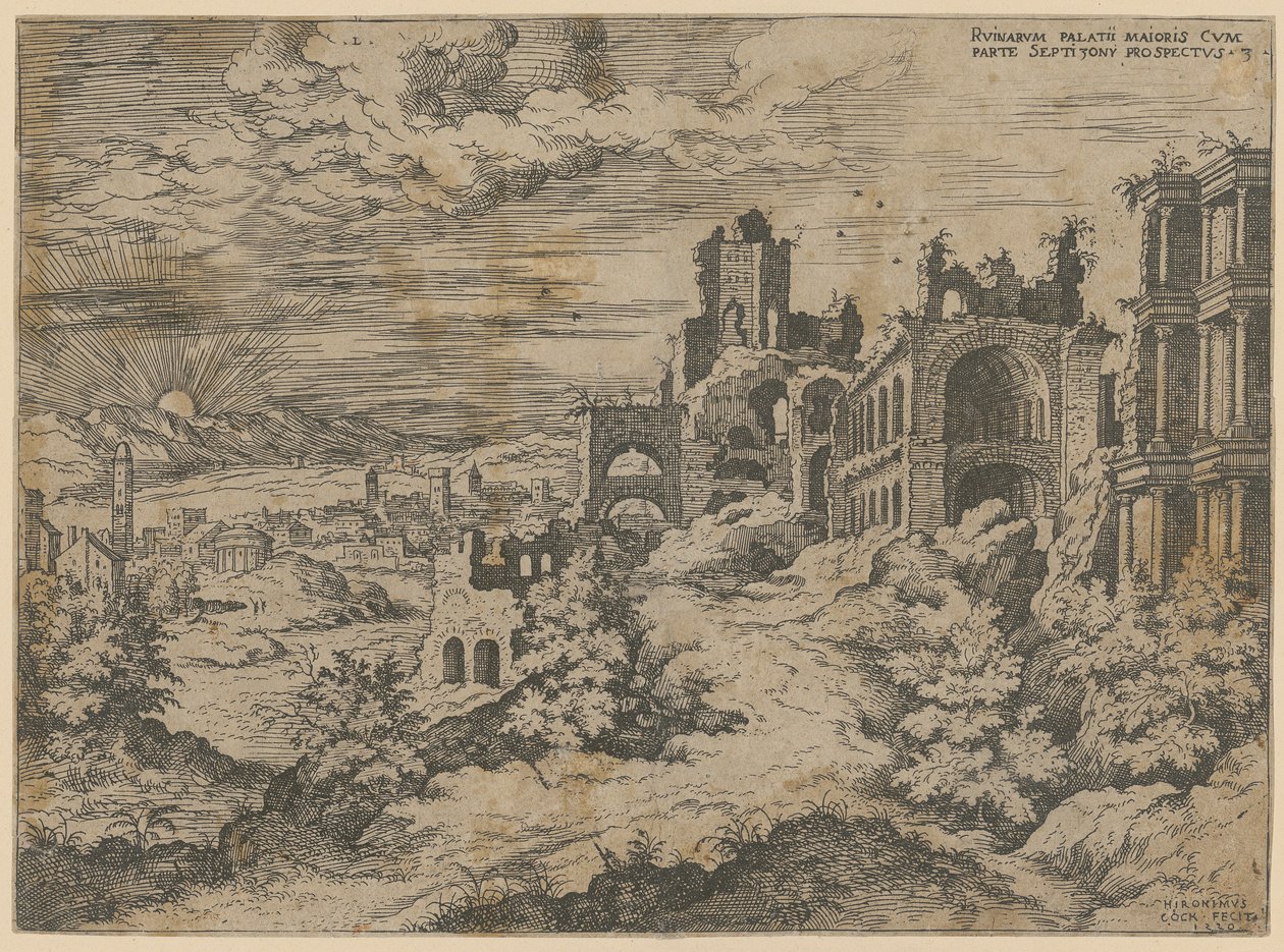 Palatinruinen mit Landschaftspanorama, Blatt 3 der Folge "Praecipua aliquot Romanae Antiquitatis Ruinarum Monimenta [...]" von Hieronymus Cock