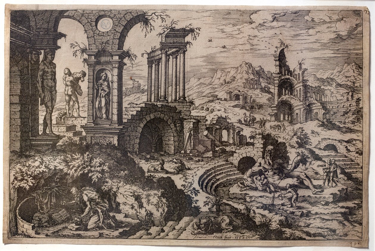 Ruinenlandschaft mit dem reuigen heiligen Hieronymus von Hieronymus Cock
