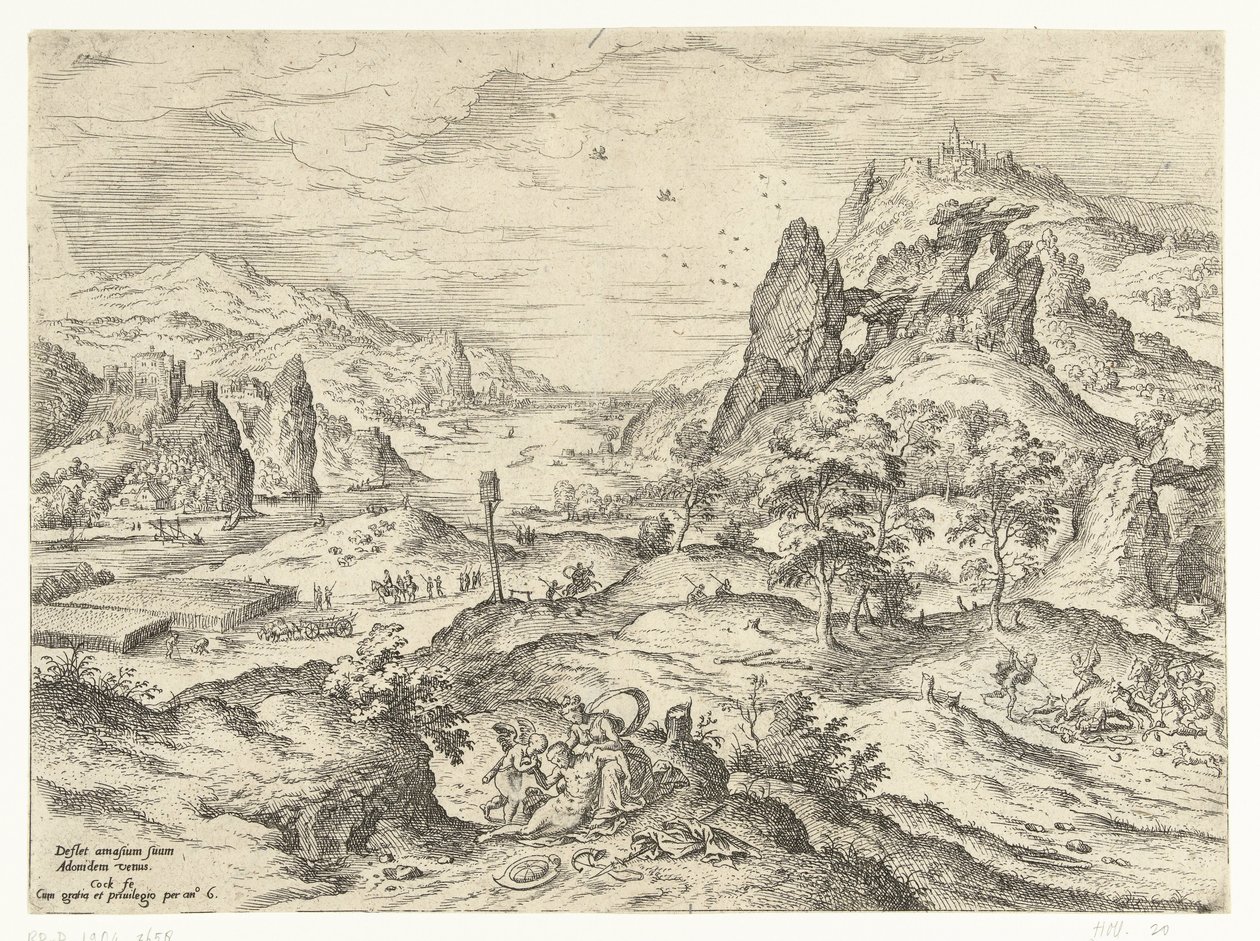 Venus trauert um den Tod von Adonis Landschaften mit biblischen und mythologischen Szenen (Serientitel) von Hieronymus Cock