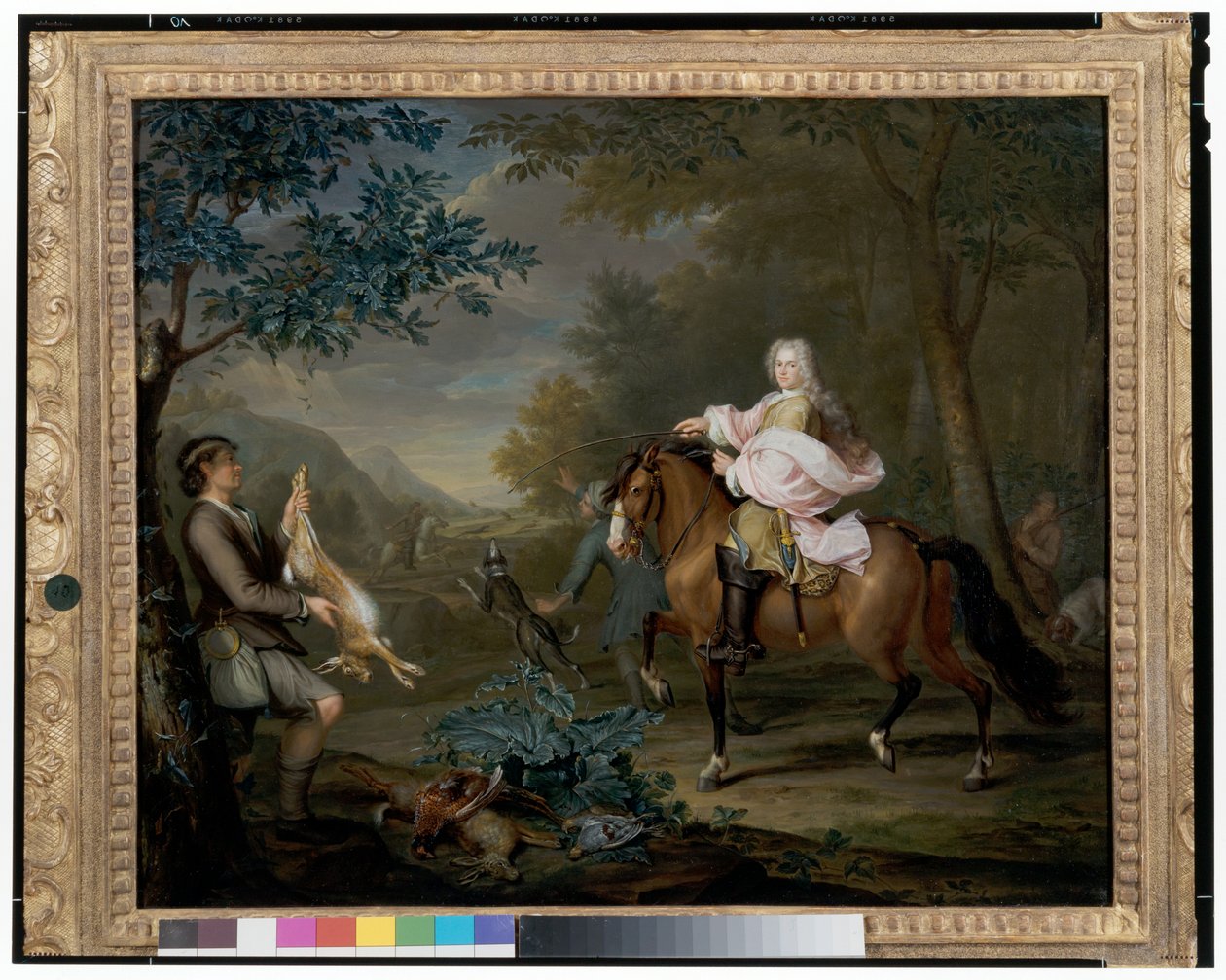 Ein Herr zu Pferd mit Jägern in einer weiten Landschaft von Hieronymus van der Mij