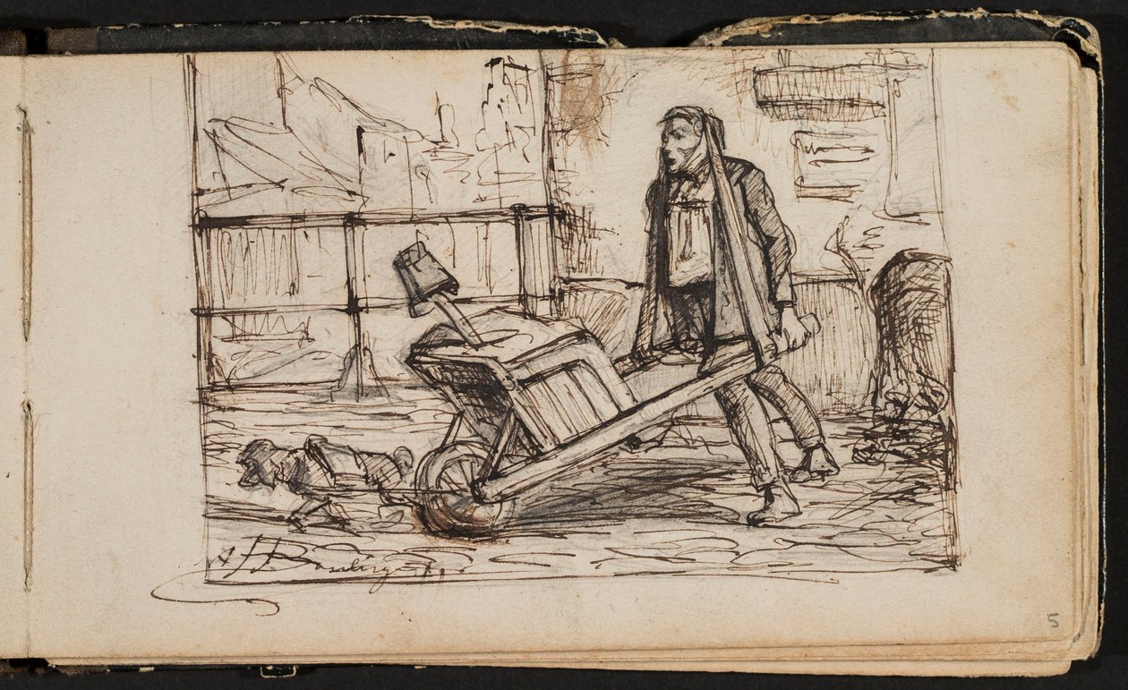 Mann mit Schubkarre und Hund (Seite aus einem Skizzenbuch) von Hippolyte Boulenger
