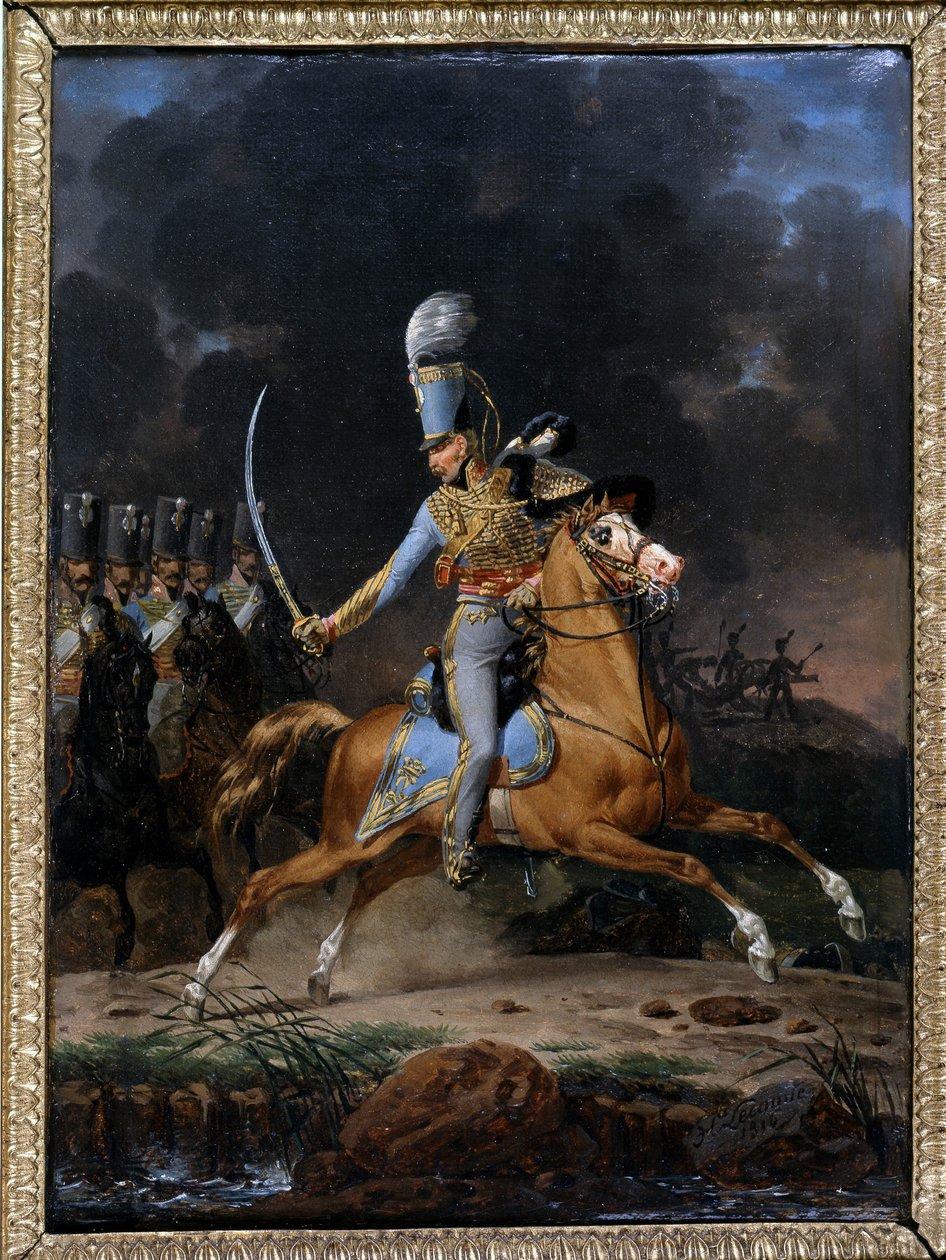 Oberst der Husaren um 1815 - 1816. Gemälde von Lecomte aus dem Jahr 1816. Sammlung „Die Soldaten von Einst“. Paris von Hippolyte Lecomte