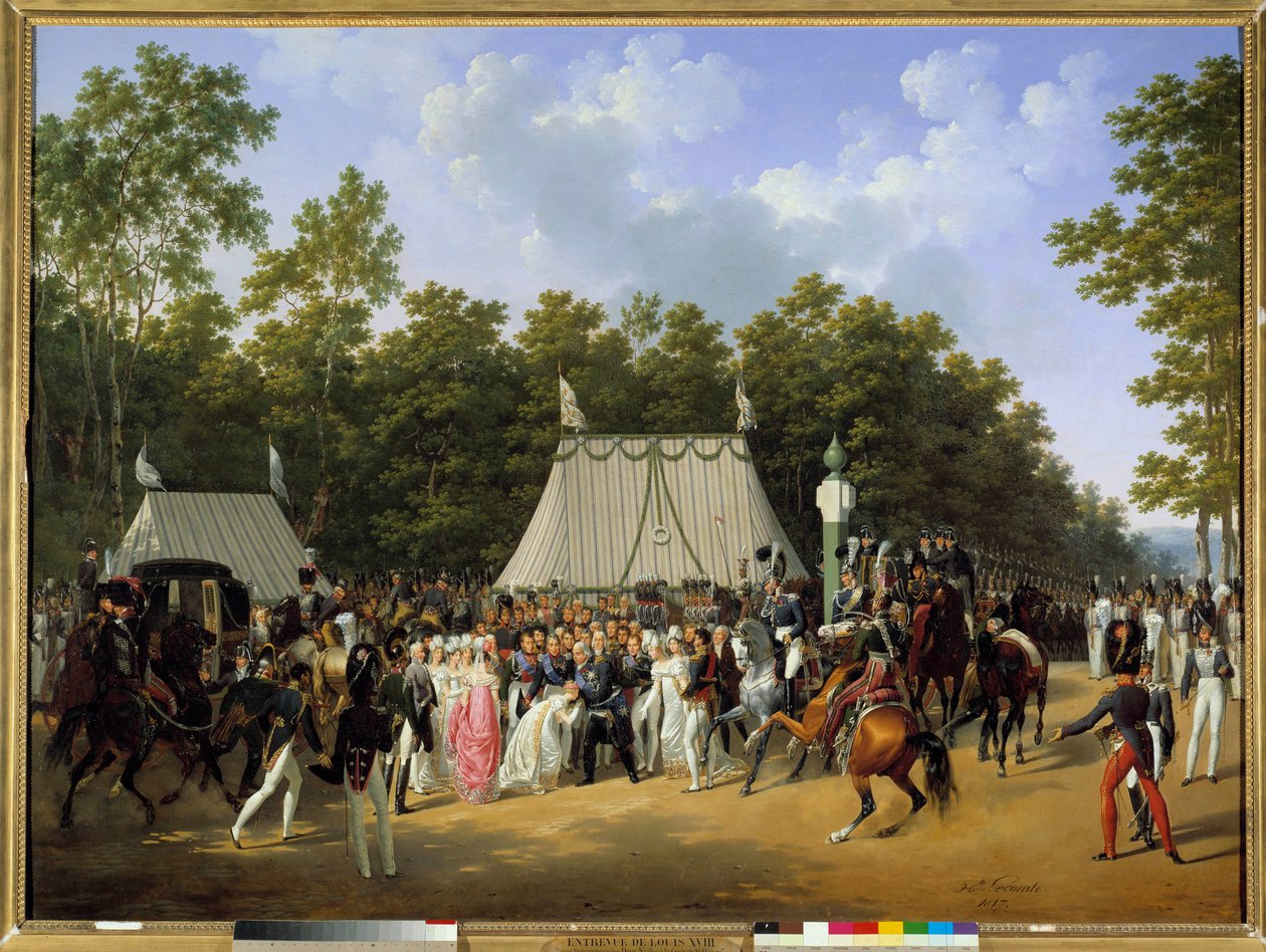 König Ludwig XVIII. (1755-1824) empfängt Marie Caroline Fernande Louise von Neapel, zukünftige Herzogin von Berry, im Wald von Fontainebleau, am Kreuz von Saint-Herem von Hippolyte Lecomte