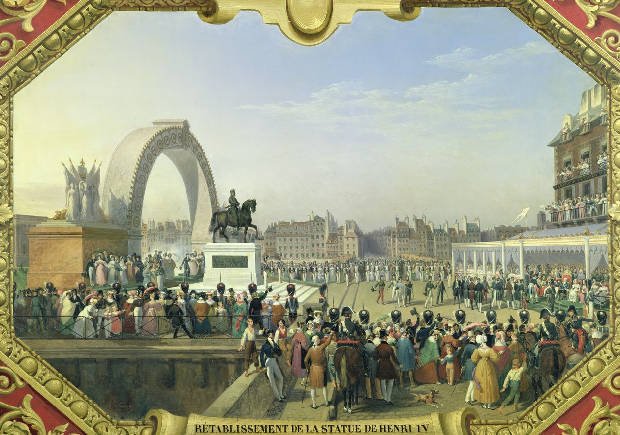 Wiederaufstellung der Statue von Henri IV. (1553-1610) auf der Pont Neuf, 25. August 1818 von Hippolyte Lecomte