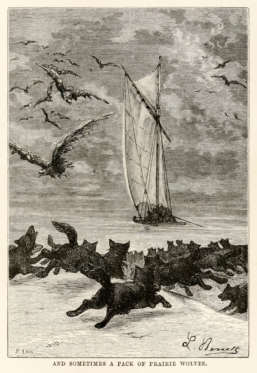 Und manchmal ein Rudel Präriewölfe, aus In 80 Tagen um die Welt von Jules Verne (1828-1905) graviert von Louis, 1873 von Hippolyte Leon after Benett