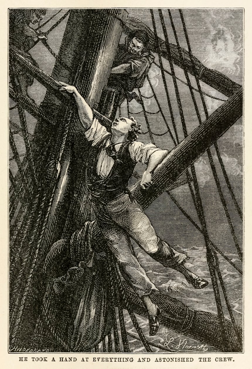 Er packte alles an und erstaunte die Besatzung, aus In 80 Tagen um die Welt von Jules Verne (1828-1905) graviert von Henri-Théophile Hildebrand (1824-97), 1873 von Hippolyte Leon after Benett