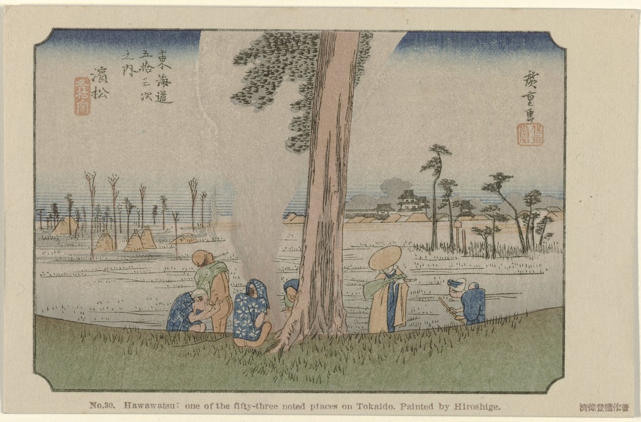 Hamamatsu Nr. 30. Hawawatsu: einer der 53 bemerkenswerten Orte am Tokaido, gemalt von Hiroshige De Tōkaidō von Hiroshige (Serientitel) Hiroshige no fude Tōkaidō (Serientitel auf Objekt) von Hiroshige (I) , Utagawa
