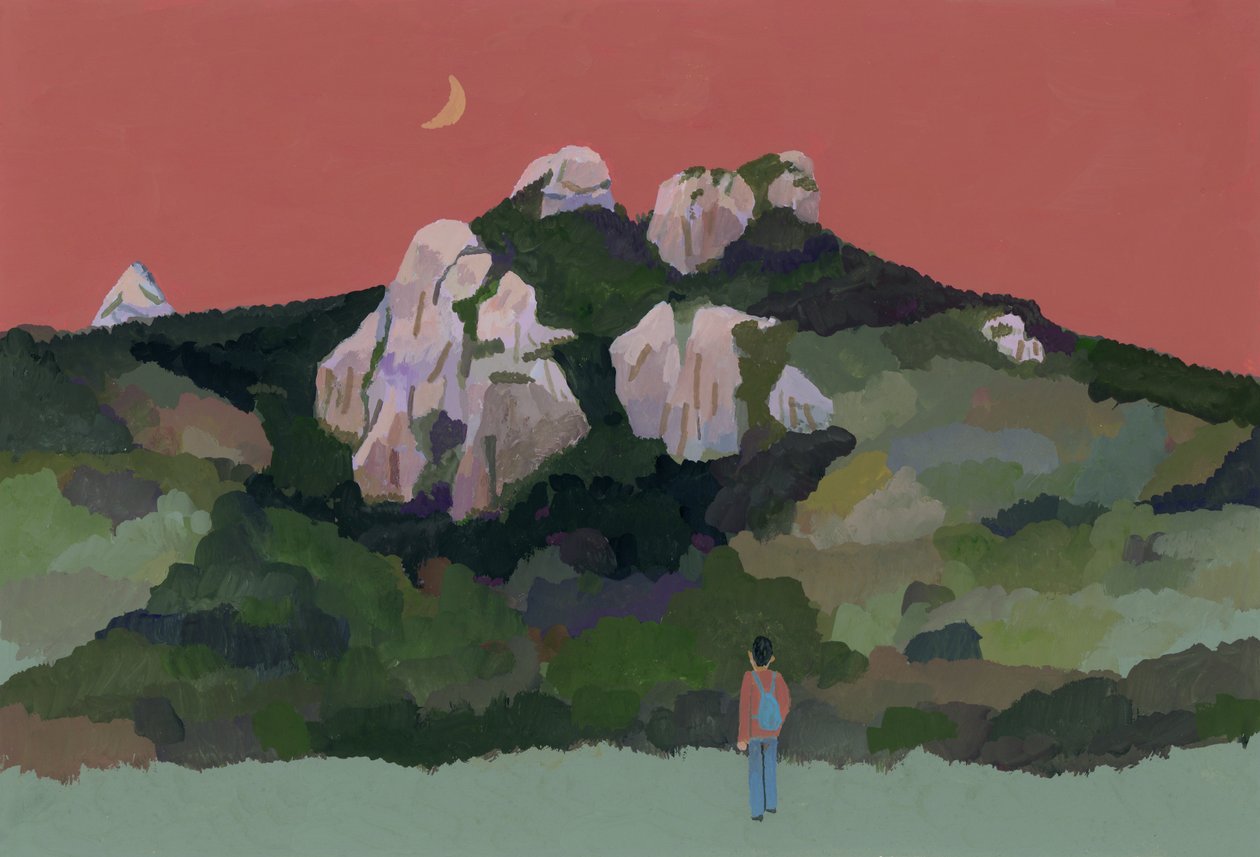 Mann mit Rucksack, der in den Bergen reist, 2015 von Hiroyuki Izutsu