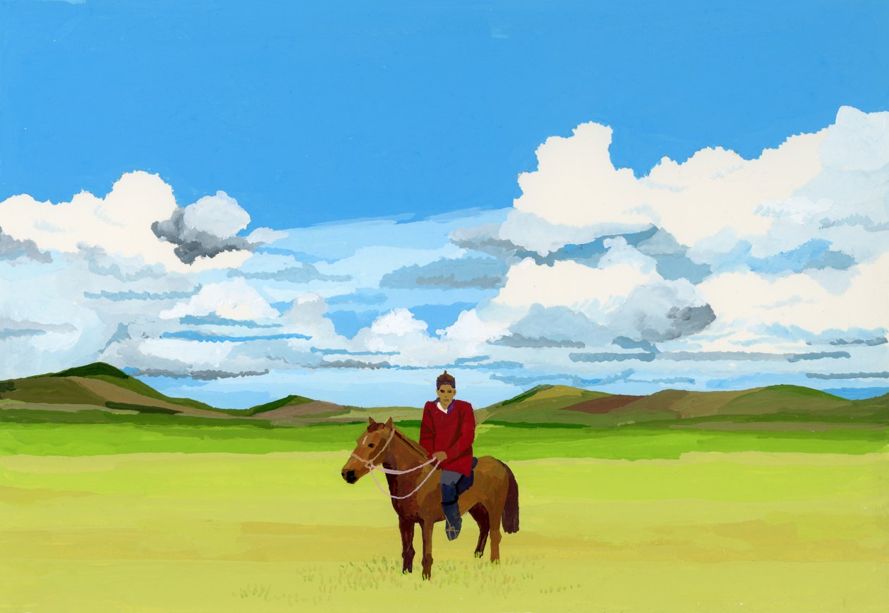 Mongolische Steppe und Menschen auf Pferden, 2015 von Hiroyuki Izutsu