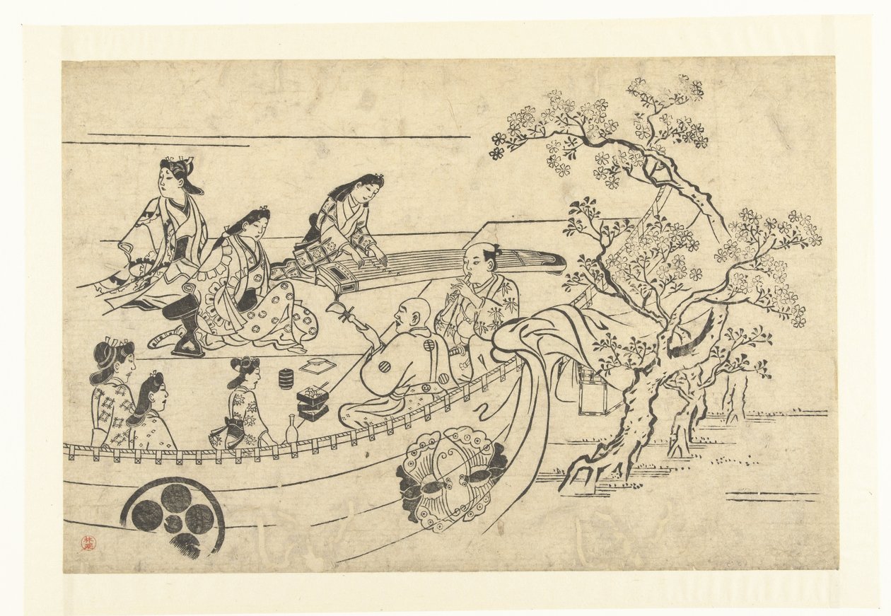 Musizierende Gesellschaft unter einem Kirschbaum (Kirschblüten betrachten in Ueno) von Hishikawa Moronobu (attributed to)