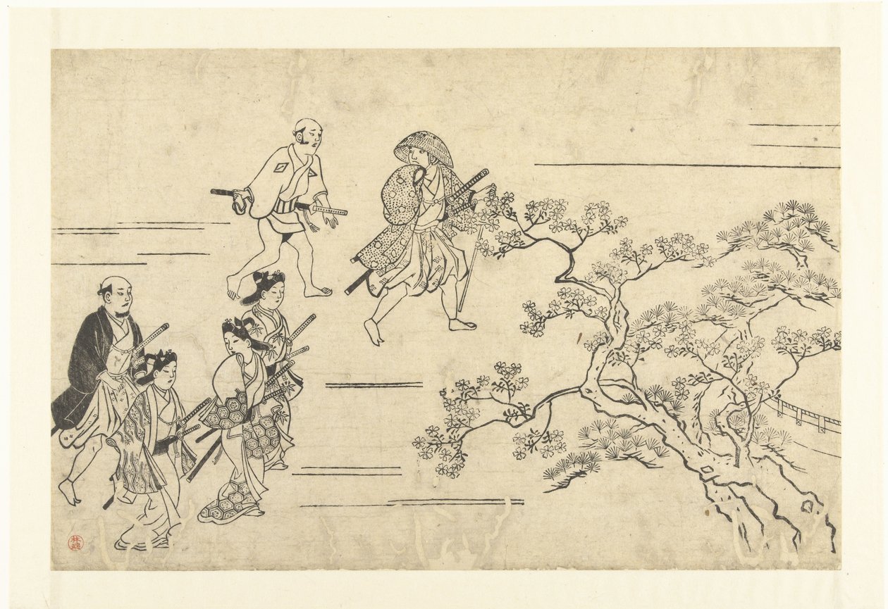 Vijf edellieden en een dienaar op weg naar een picknick von Hishikawa Moronobu (attributed to)