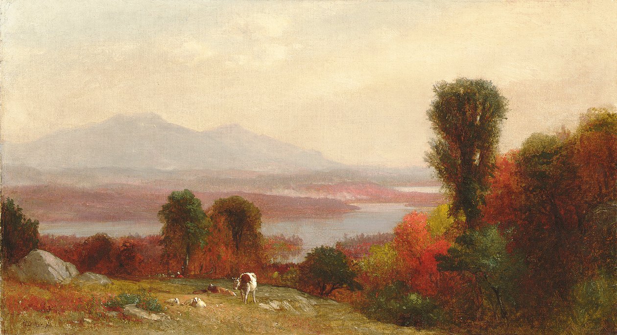 Kühe und Schafe weiden in einer Herbstflusslandschaft von Homer Dodge Martin