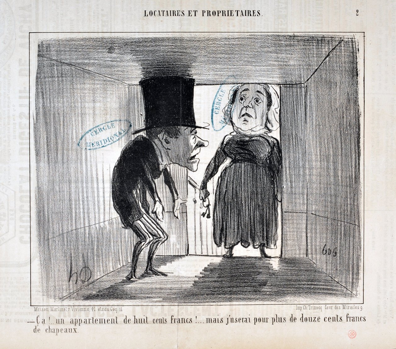 Werk von Honore Daumier (1854): Serie TENNIQUES AND OWNERS „Das!... eine Wohnung für achthundert Francs!... aber ich werde mehr als zwölfhundert Francs für Hüte ausgeben“ von Honoré Daumier