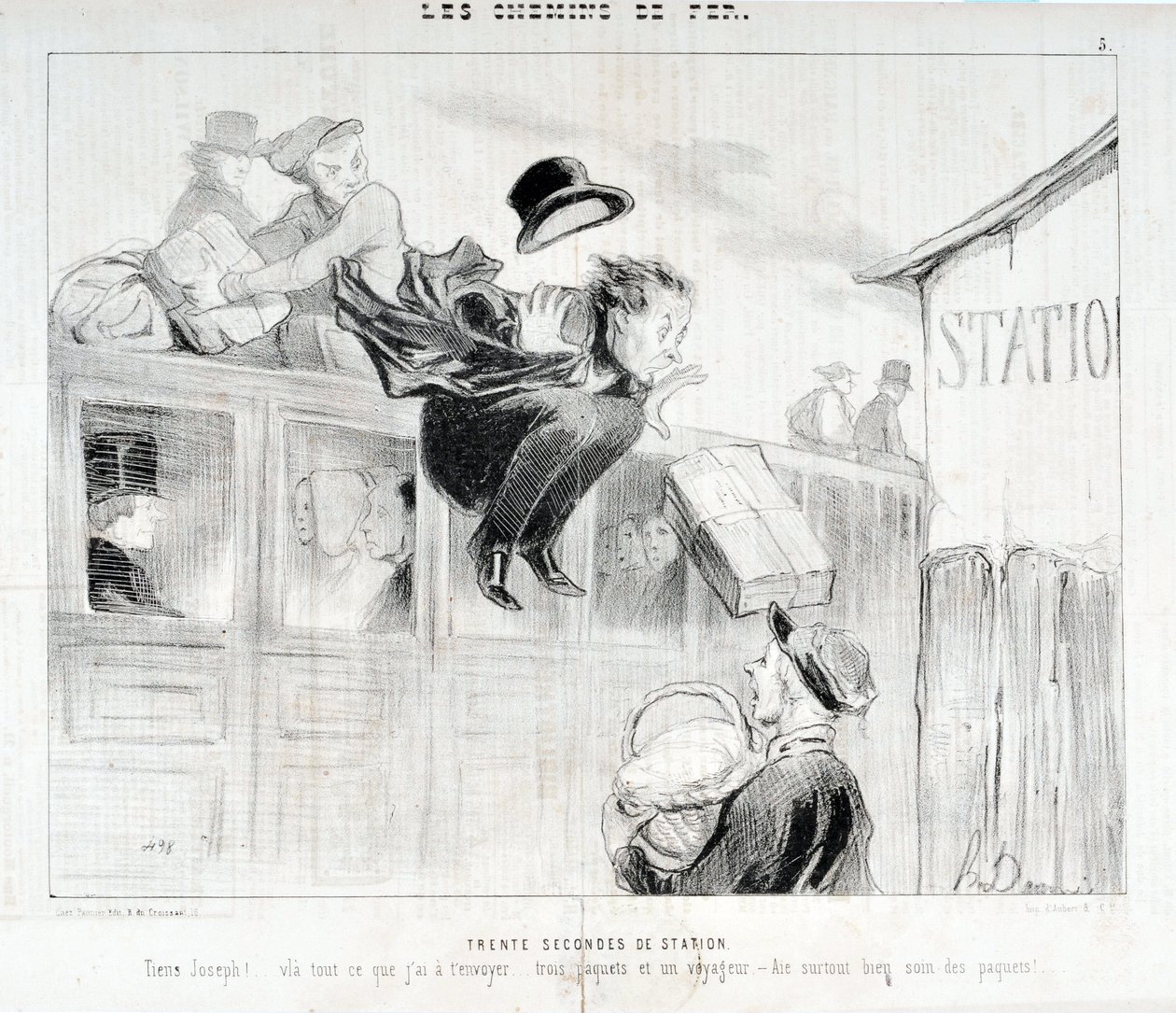 Serie „Die Eisenbahnen“. „Dreißig Sekunden Station - Tiens Joseph! Hier ist alles, was ich dir schicken muss... drei Pakete und ein Reisender - Vor allem achte auf die Pakete“. von Honoré Daumier