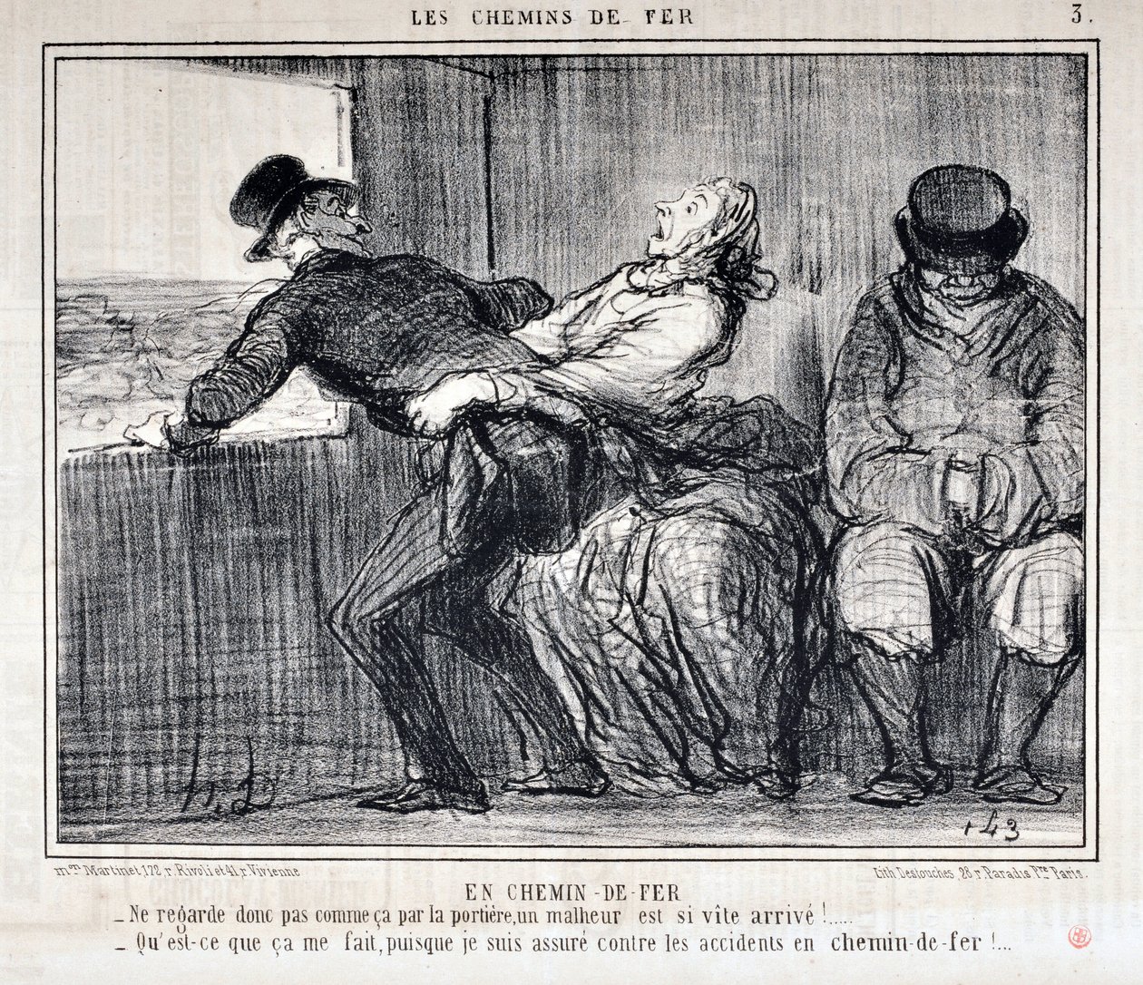 Charivari von 1858: Serie LES RAILWAYS. Durch die Eisenbahn - Also schau nicht so durch die Tür, ein Unglück kommt so schnell!... Was kümmert es mich, da ich gegen Unfälle auf der Eisenbahn versichert bin. MUSEE DES BEAUX ARTS - PALAIS LONGCHAMP, MARSEILLE von Honoré Daumier