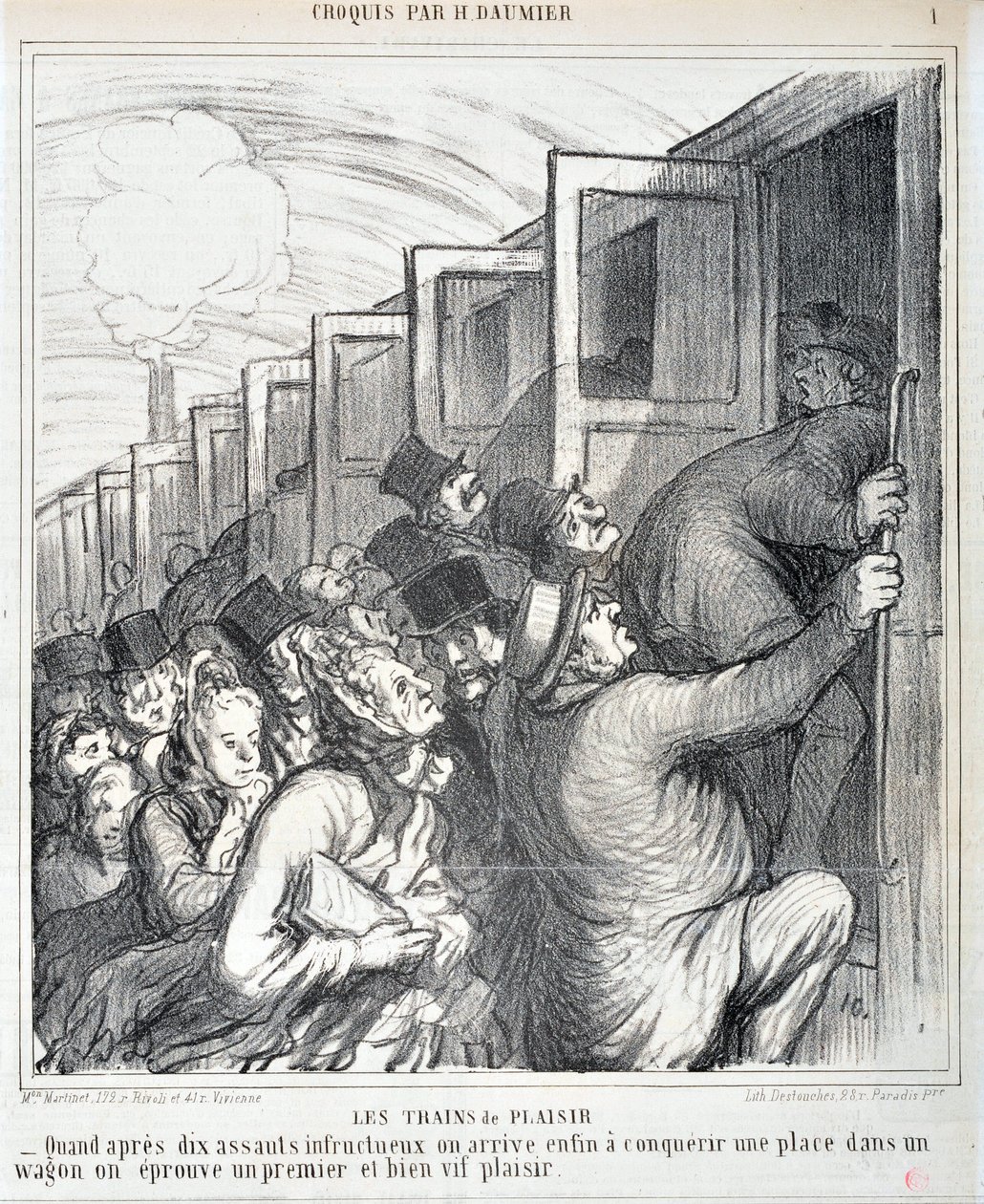 Serie „Die Vergnügungszüge“. „Wenn wir nach zehn erfolglosen Angriffen endlich einen Platz in einem Waggon erobern, erleben wir ein erstes und sehr lebhaftes Vergnügen“. von Honoré Daumier