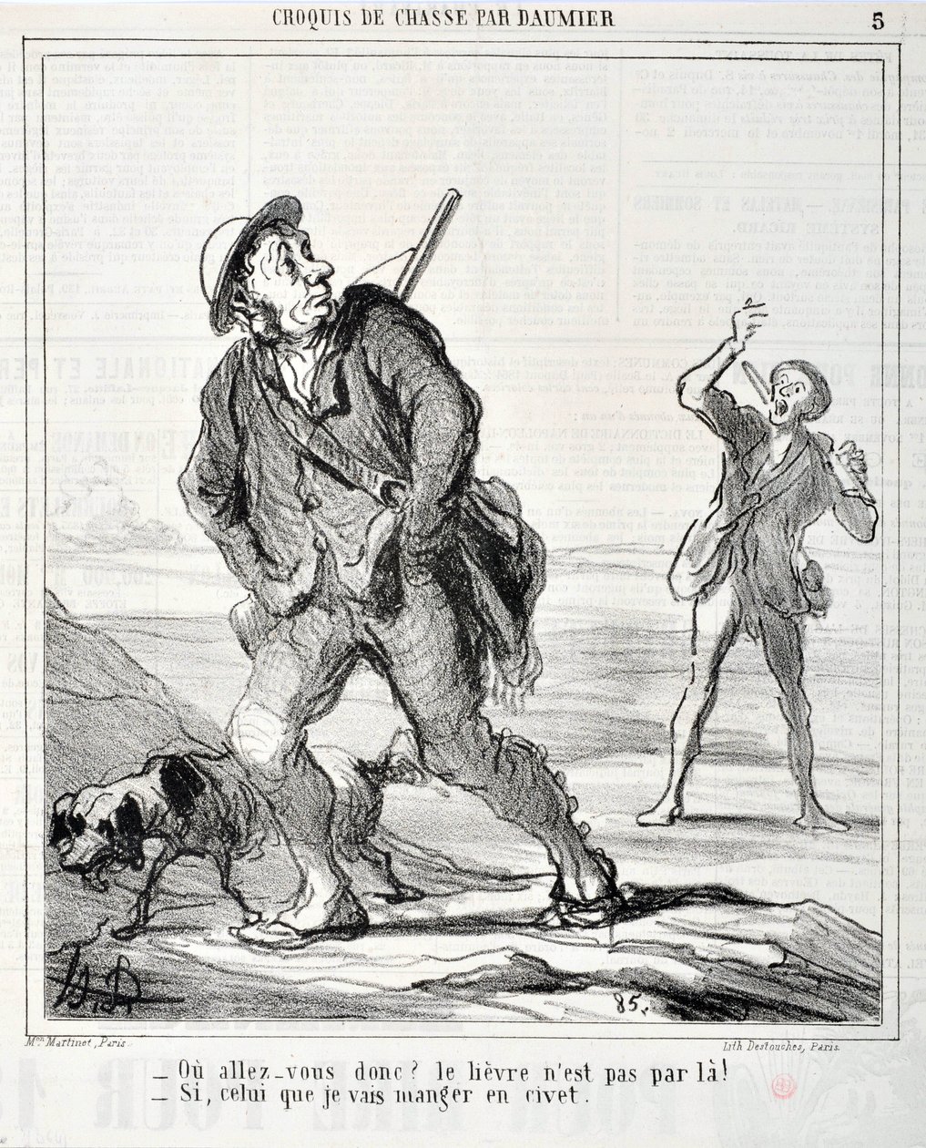 Werk von Honore Daumier (1864): Serie Sketch de Chasse „Wohin geht er? Der Hase ist nicht dort entlang! - Wenn der, den ich im Civet essen werde“ von Honoré Daumier