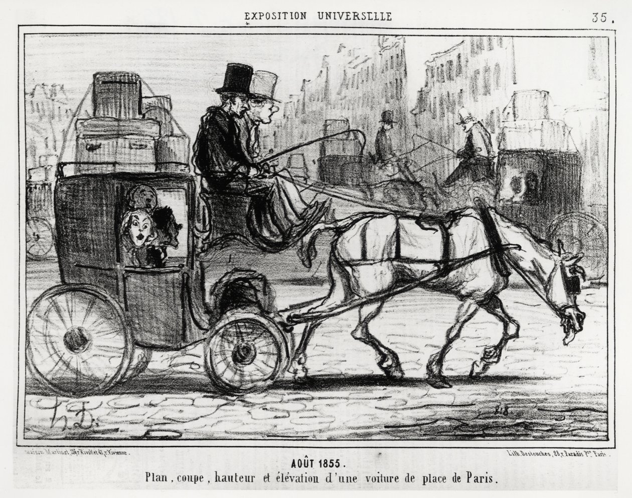 August 1855, Weltausstellung: Plan, Schnitt, Höhe und Erhebung eines Pariser Wagens. Illustration von Honoré Daumier (1808-1879), veröffentlicht in den Nachrichten, Charivari, datiert 4. September von Honoré Daumier