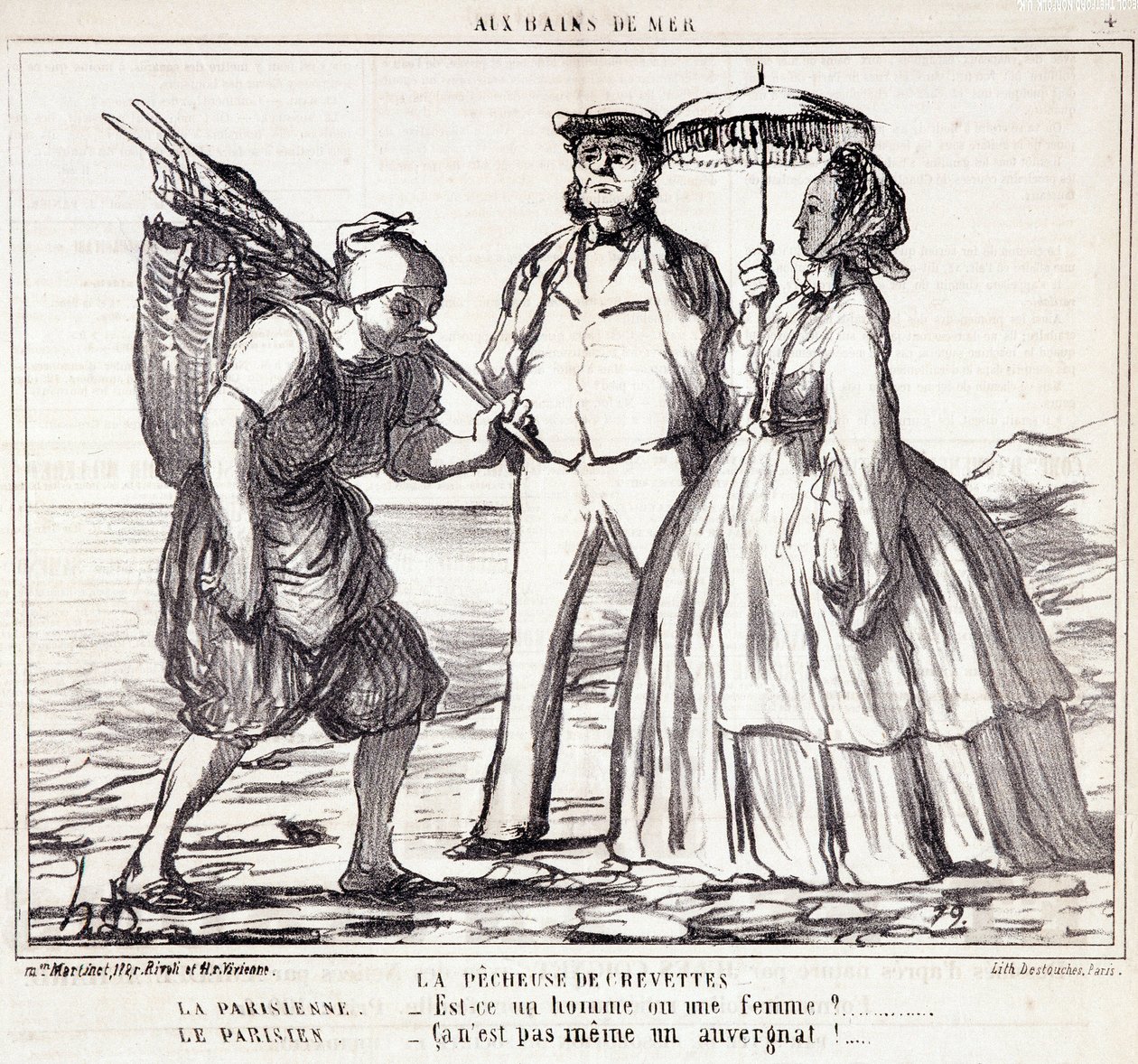 Karikatur über Pariser Touristen im Urlaub. Serie „Ax Bains de Mer“: „Das Garnelenfischen...“ Gravur von Honore Daumier (1808-1879). Auszug aus der Zeitung „Le Charivari“ vom 5. September von Honoré Daumier