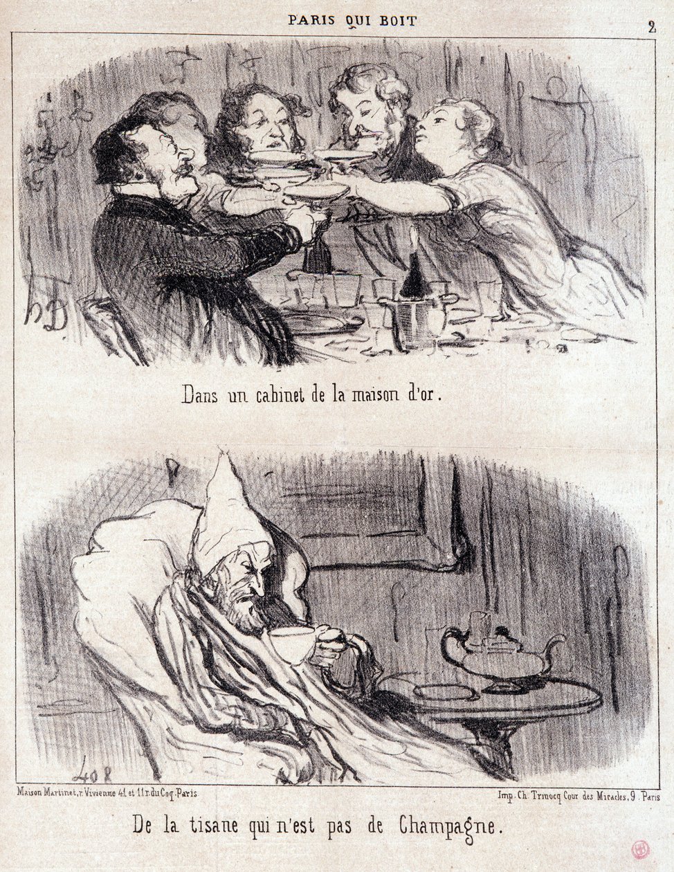 Karikatur über gastronomischen Missbrauch. Serie „Paris, das trinkt“: „In einem Kabinett des Hauses d