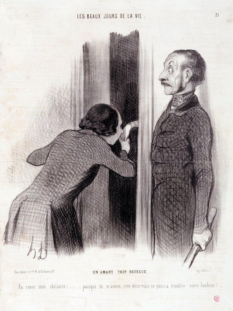 Karikatur über das Paar. Serie „Die schönen Tage des Lebens“: „Ein zu glücklicher Liebhaber...“. Gravur von Honoré Daumier (1808-1879). Auszug aus der Zeitung „Le Charivari“ vom 1. September. von Honoré Daumier