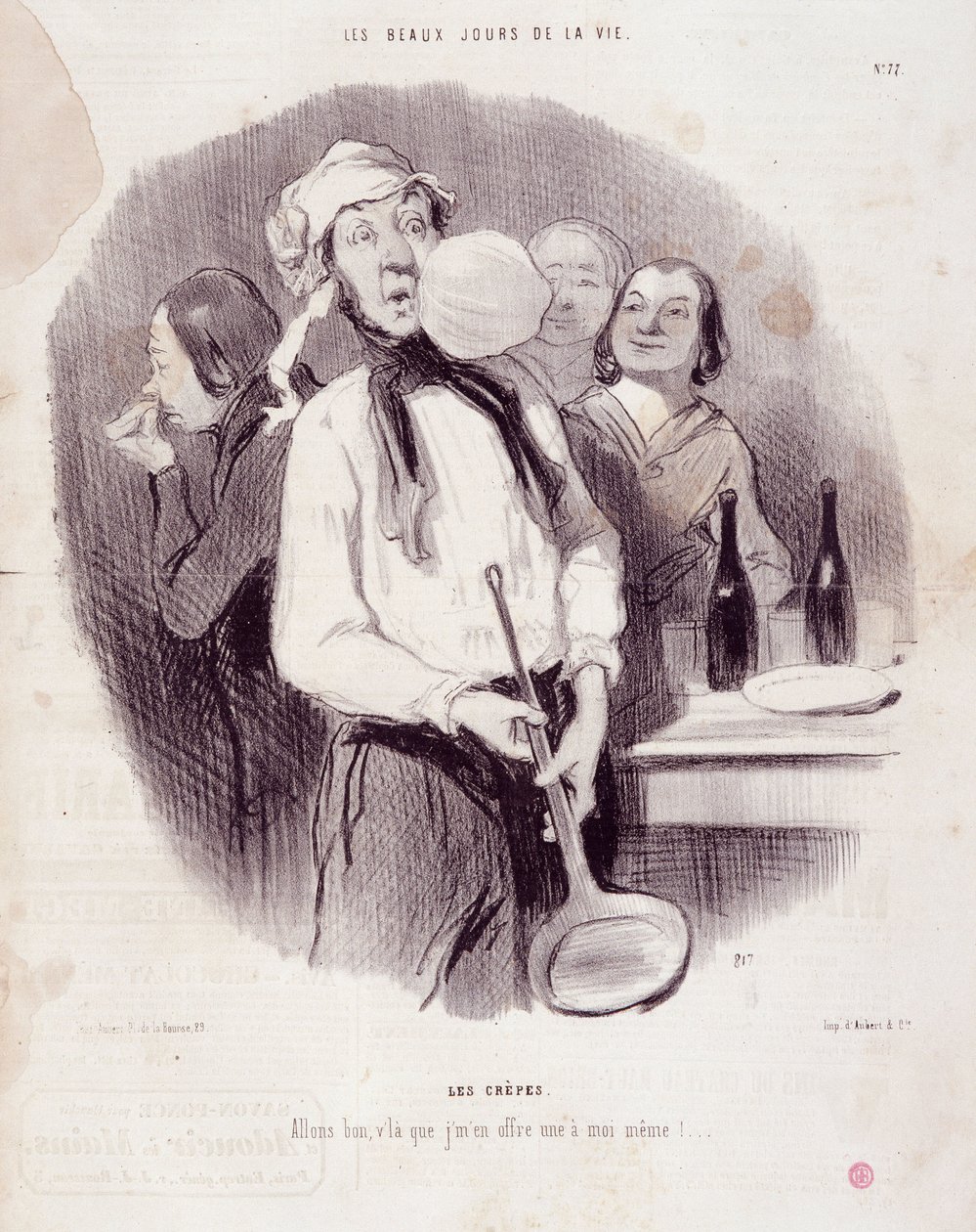 Karikatur eines ungeschickten Mannes. Serie „Die schönen Tage des Lebens“: „Die Crêpes...“ von Honoré Daumier